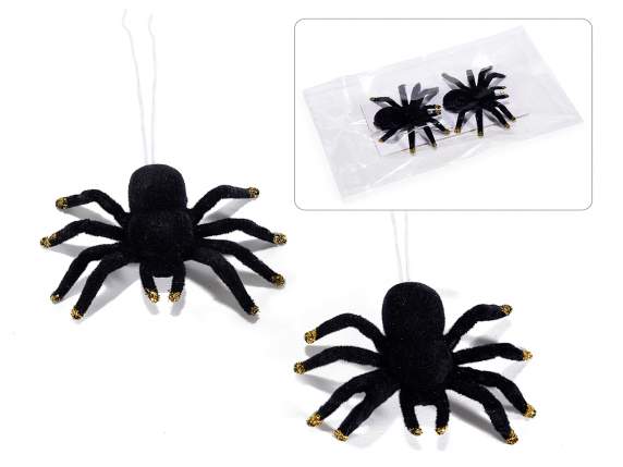 Pack of 2 black velvet spiders with mouldable thread