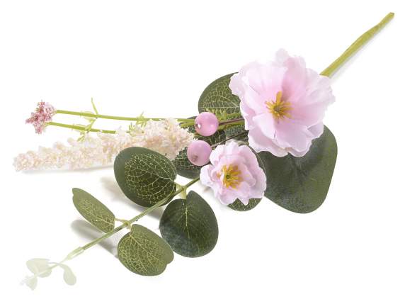 Artificial bouquet of peach blossoms with leaves and berries