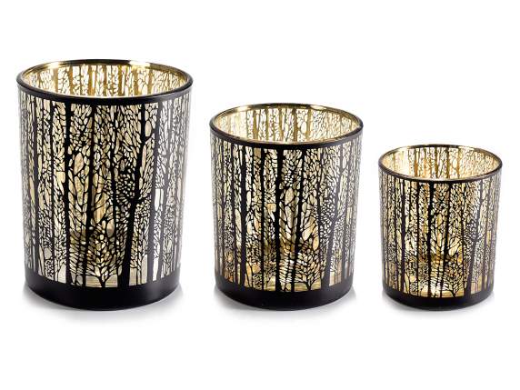 Set of 3 glass candle holders winter forest with gold interi