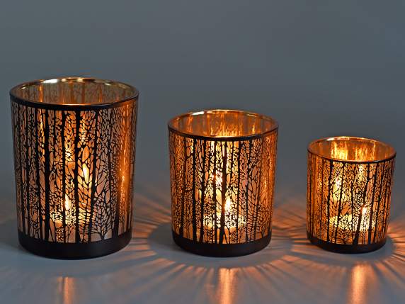 Set of 3 glass candle holders winter forest with gold interi