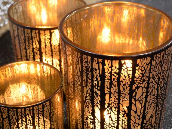 Set of 3 glass candle holders winter forest gold interior