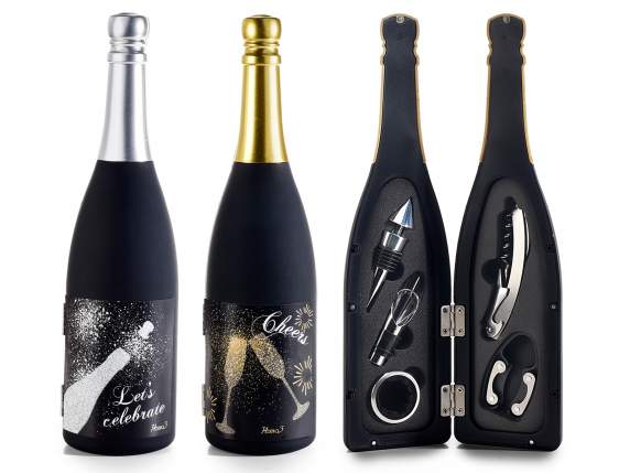 Sparkling wine bottle with 5 wine sommelier accessories