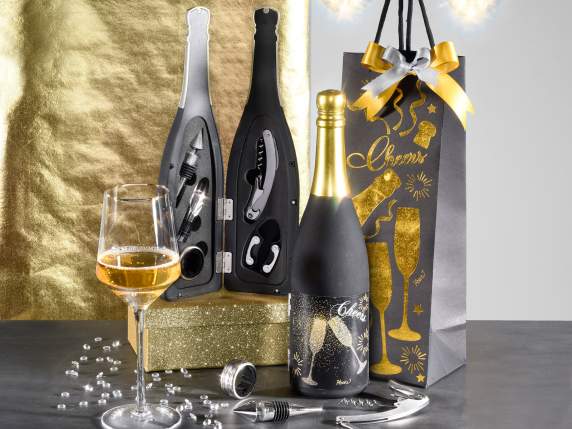 Sparkling wine bottle with 5 wine sommelier accessories