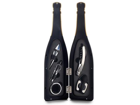 Sparkling wine bottle with 5 wine sommelier accessories