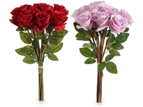 Bouquet of 11 fabric artificial roses w - raffia cord