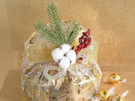 Sprig with cotton flowers, pine needles, glitter berries and