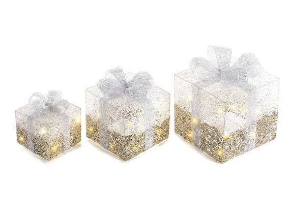 Set of 3 metal gift packs with warm white led lights