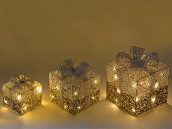 Set of 3 metal gift packs with warm white led lights