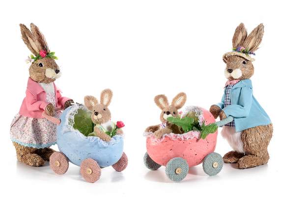 Fiber bunny with puppy into egg shaped stroller