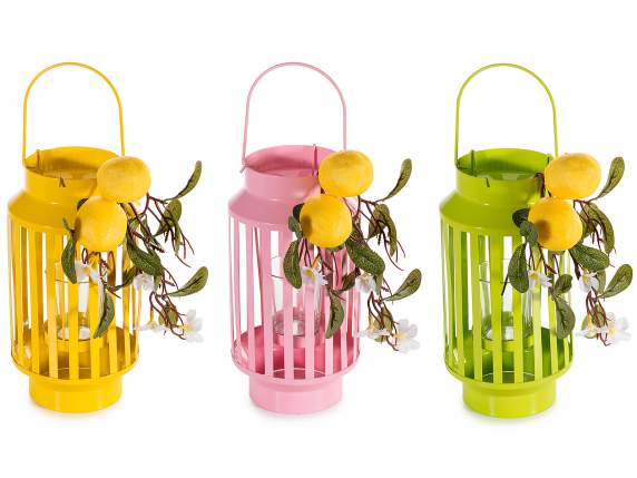 Colored metal lantern, with candle holder and lemon branch