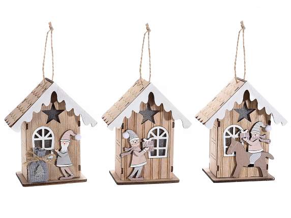 Wooden house to hang with Christmas characters and lights
