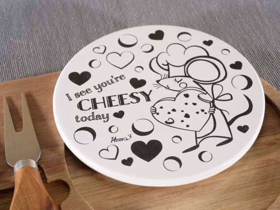 Cheese set with wooden and ceramic cutting board and 3 knive