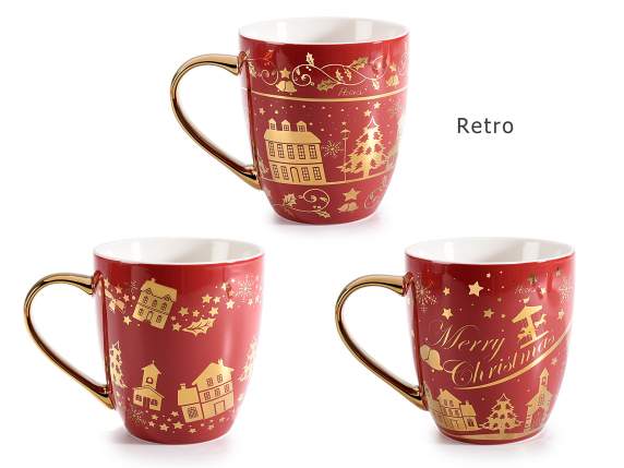 Xmas village porcelain cup with shiny gold-like decoration