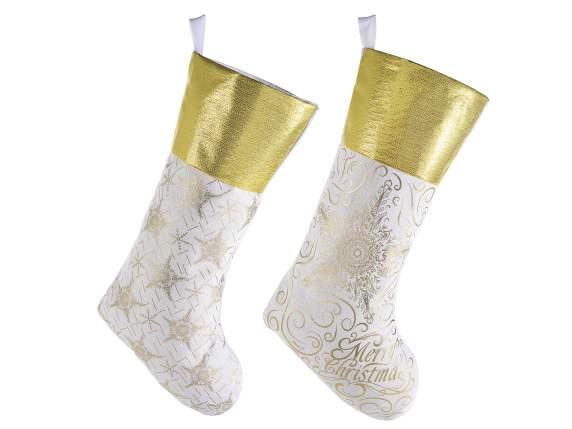 Sweets holder sock with shiny gold-like decorations to hang