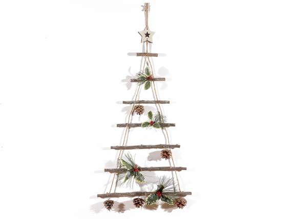 Christmas tree wood with snowy decorations and led lights to