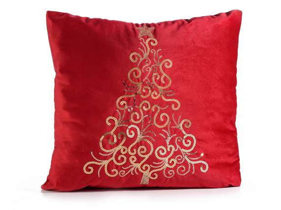 Velvety cushion with tree decoration embroidered in sequins