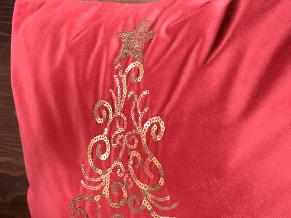 Velvety cushion with tree decoration embroidered in sequins