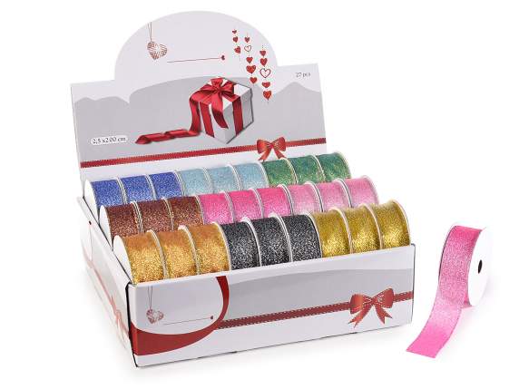 Display of 27 colored lamé effect ribbons