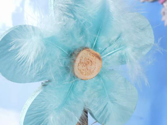 Decorative flower in colored wood with soft feather decorati
