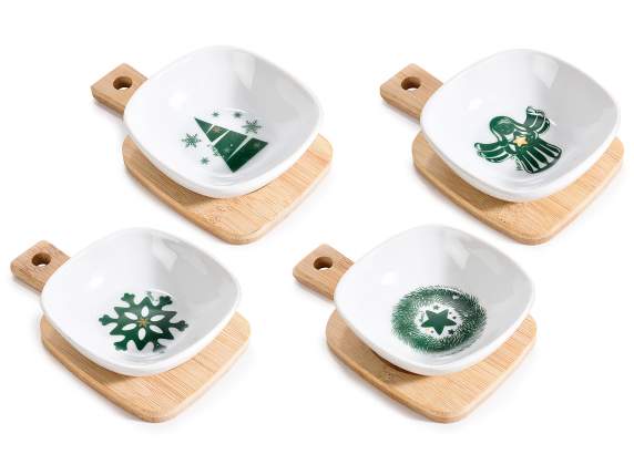 Set of 4 Angel porcelain bowls on a cutting board tray