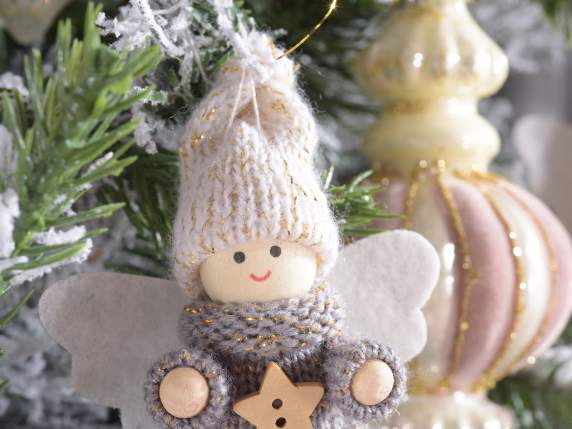 Angel in eco-fur and mesh with golden threads to hang