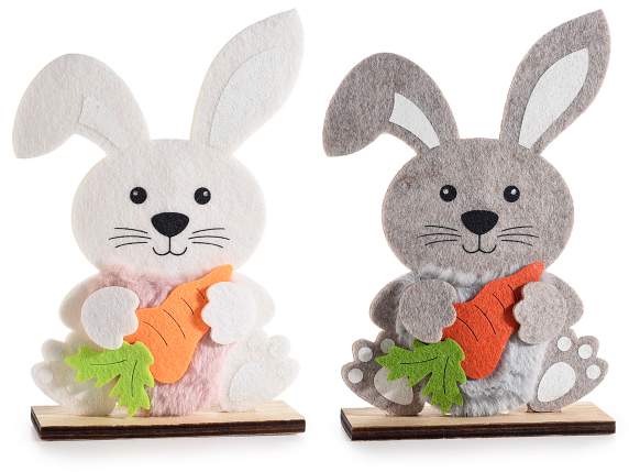 Cloth bunny with carrot on wooden base