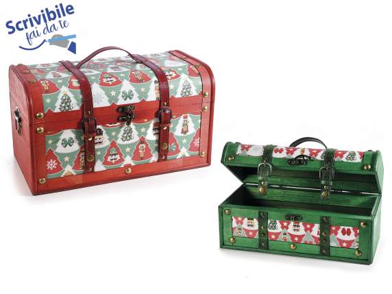 Set of 2 wooden trunks with Christmas decorations and leathe