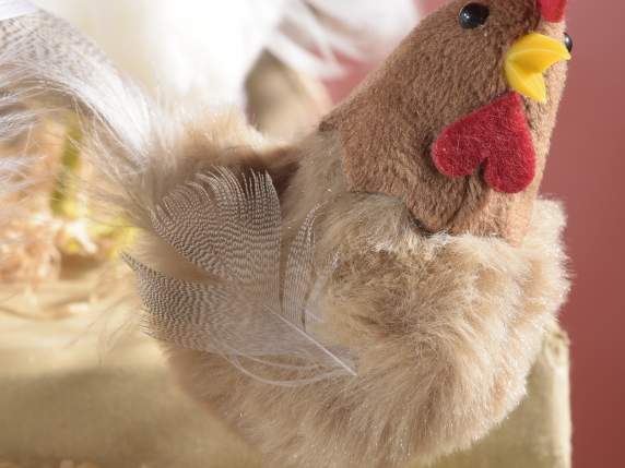 Decorative plush hen with real feathers tail