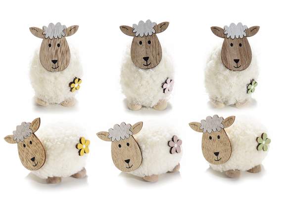 Wooden and wool sheep with colored flower to place
