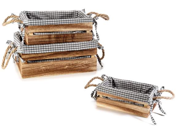 Set of 3 wooden boxes covered in fabric with rope handles