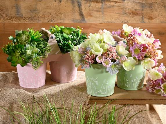 Double pastel metal vase with handle and floral print