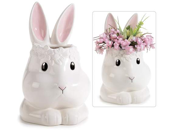 Glossy rabbit ceramic vase with embossed flowers