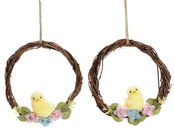 Wooden garland with chick and flowers in cloth to hang