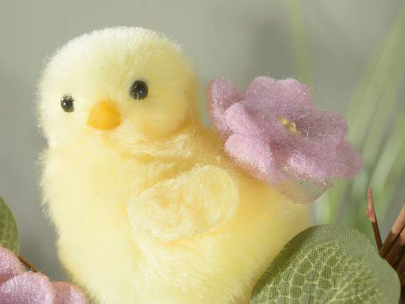 Wooden garland with chick and flowers in cloth to hang