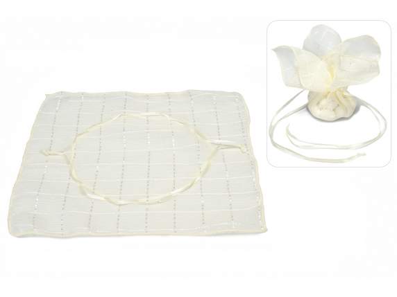 Ecru checked organza square tulle bag with drawstring