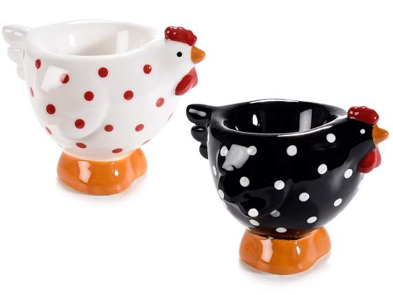 Ceramic chicken egg cup with polka dots