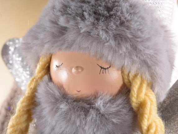 Fabric angel with tulle - eco-fur dress and silver wings