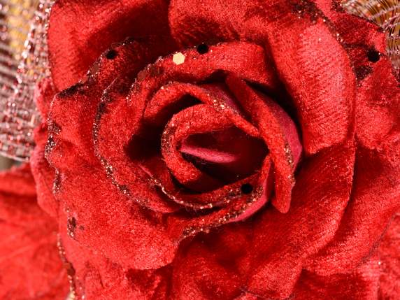 Red artificial rose made of fabric with glitter