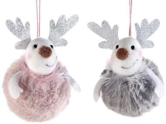 Reindeer in eco-fur with silver glitter horns to hang