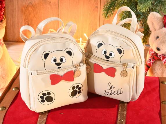 Faux leather backpack with teddy bear print and bow