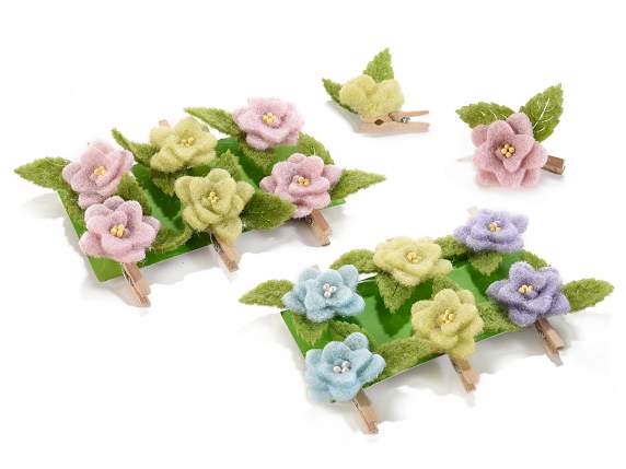 Set of 6 wooden clothespins with cloth flower