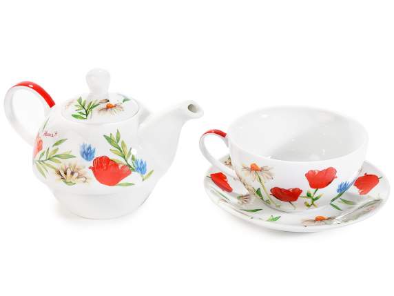 Porcelain cup and teapot set with floral decorations Water c
