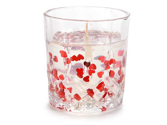 Gel candle in glass jar with red hearts