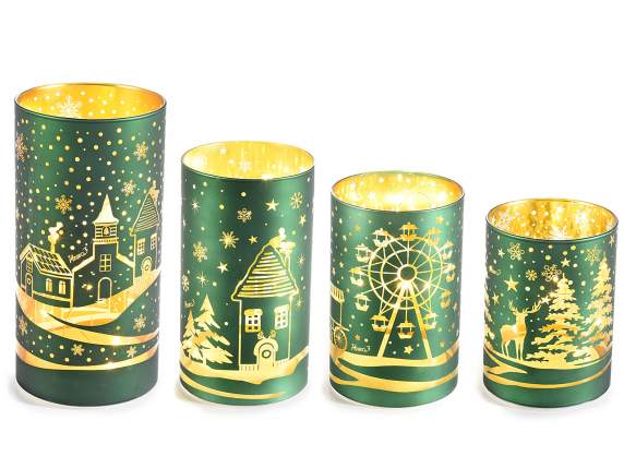 Set of 4 decorated glass cylinder lamps with LED lights