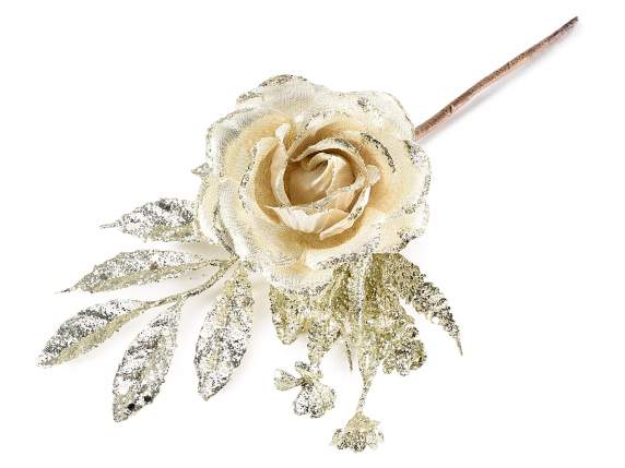 Fabric artificial rose with glitter border and leaves