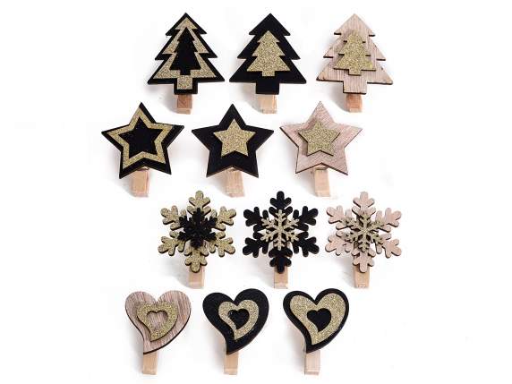 Espo 48 Black chic wooden clothespins with glitter