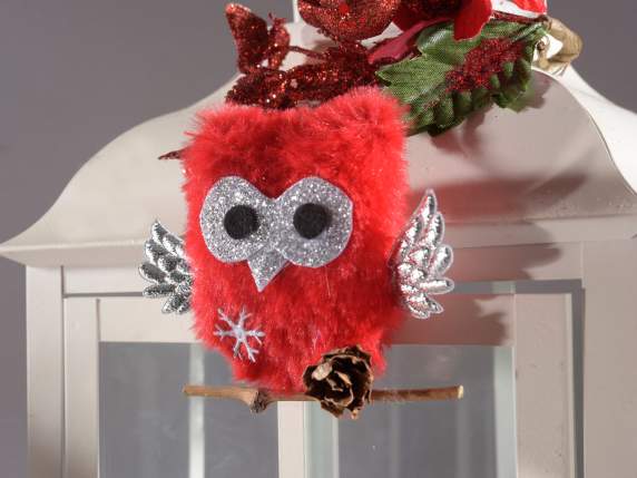 Owl in soft faux fur with silver wings to hang
