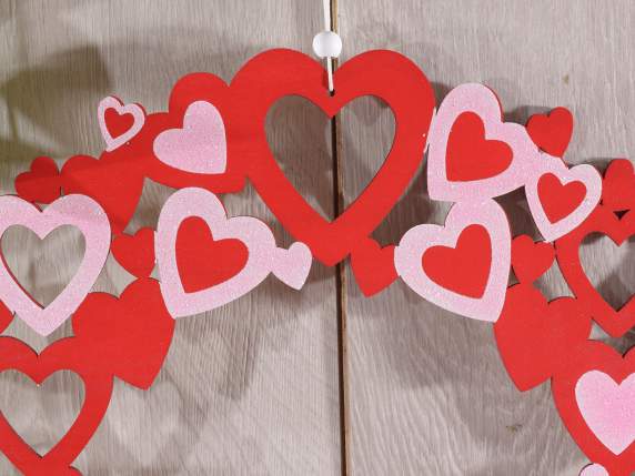 Set of 3 wooden garlands w - red hearts and glitter to hang