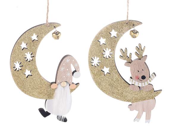 Wooden moon decoration with golden glitter to hang