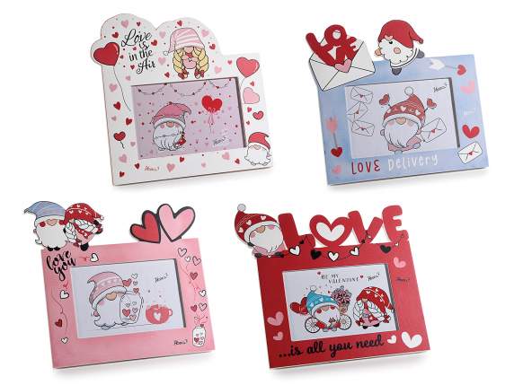 Colorful wooden photo frame gnomes in love to stand